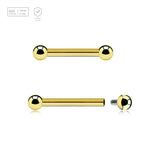 Pack of 5 Gold PVD plated titanium internally threaded barbells, Thickness 1.6mm, Ball size 3mm - G23 ASTM F-136 implant grade titanium body jewelry
