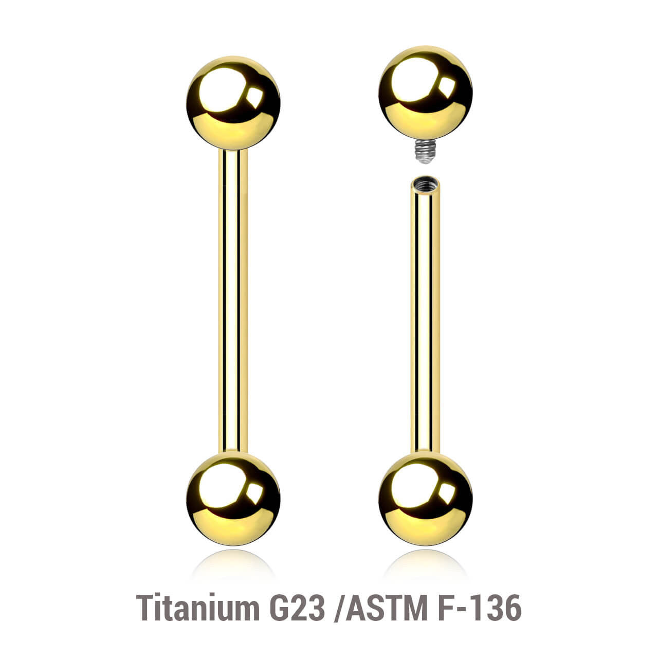 Pack of 5 Gold PVD plated titanium internally threaded tongue barbells, Thickness 1.6mm, Ball size 5mm