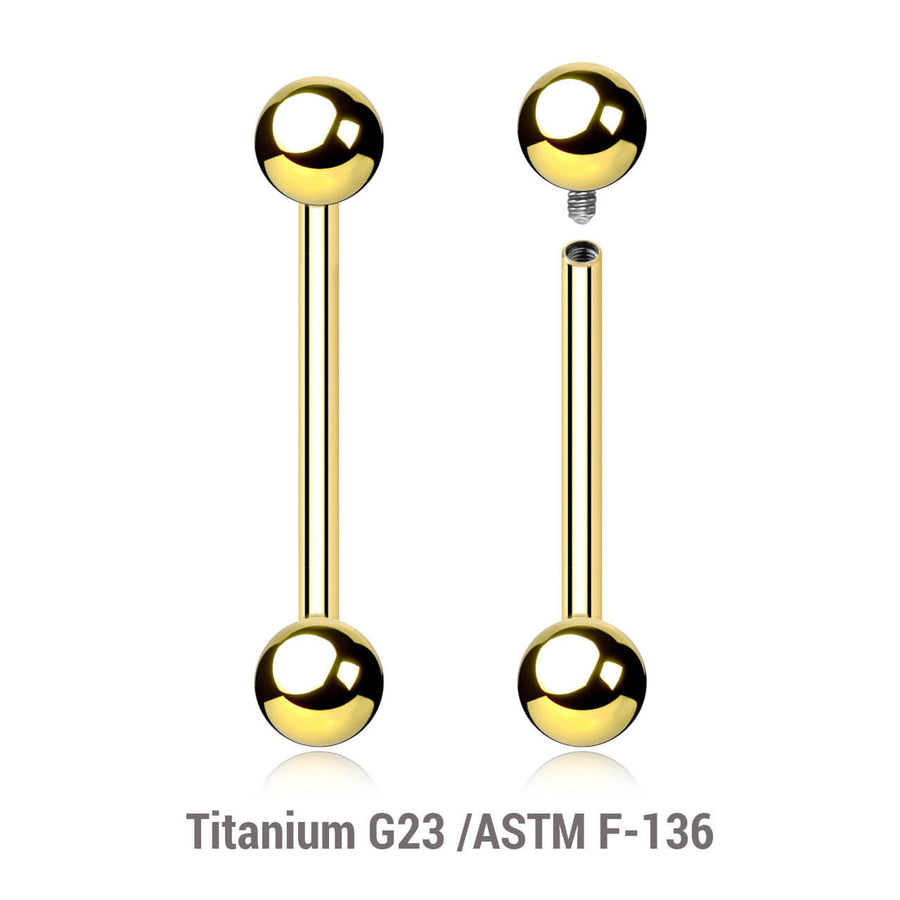 Pack of 5 Gold PVD plated titanium internally threaded tongue barbells, Thickness 1.6mm, Ball size 5mm