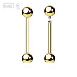 Pack of 5 Gold PVD plated titanium internally threaded tongue barbells, Thickness 1.6mm, Ball size 5mm - G23 ASTM F-136 implant grade titanium body jewelry
