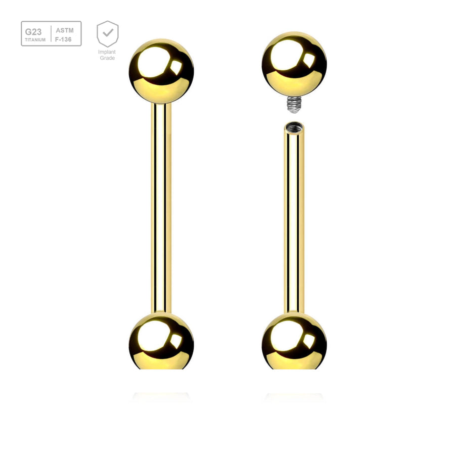 Pack of 5 Gold PVD plated titanium internally threaded tongue barbells, Thickness 1.6mm, Ball size 5mm - G23 ASTM F-136 implant grade titanium body jewelry