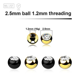 Pack of 10 PVD plated titanium G23 balls with a 2.5mm diameter and a bezel set crystal, 1.2mm external threading - G23 ASTM F-136 implant grade titanium body jewelry