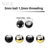 Pack of 10 PVD plated titanium G23 balls with a 3mm diameter and a bezel set crystal, 1.2mm external threading - G23 ASTM F-136 implant grade titanium body jewelry