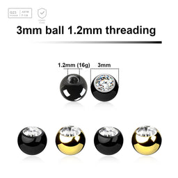 Pack of 10 PVD plated titanium G23 balls with a 3mm diameter and a bezel set crystal, 1.2mm external threading - G23 ASTM F-136 implant grade titanium body jewelry