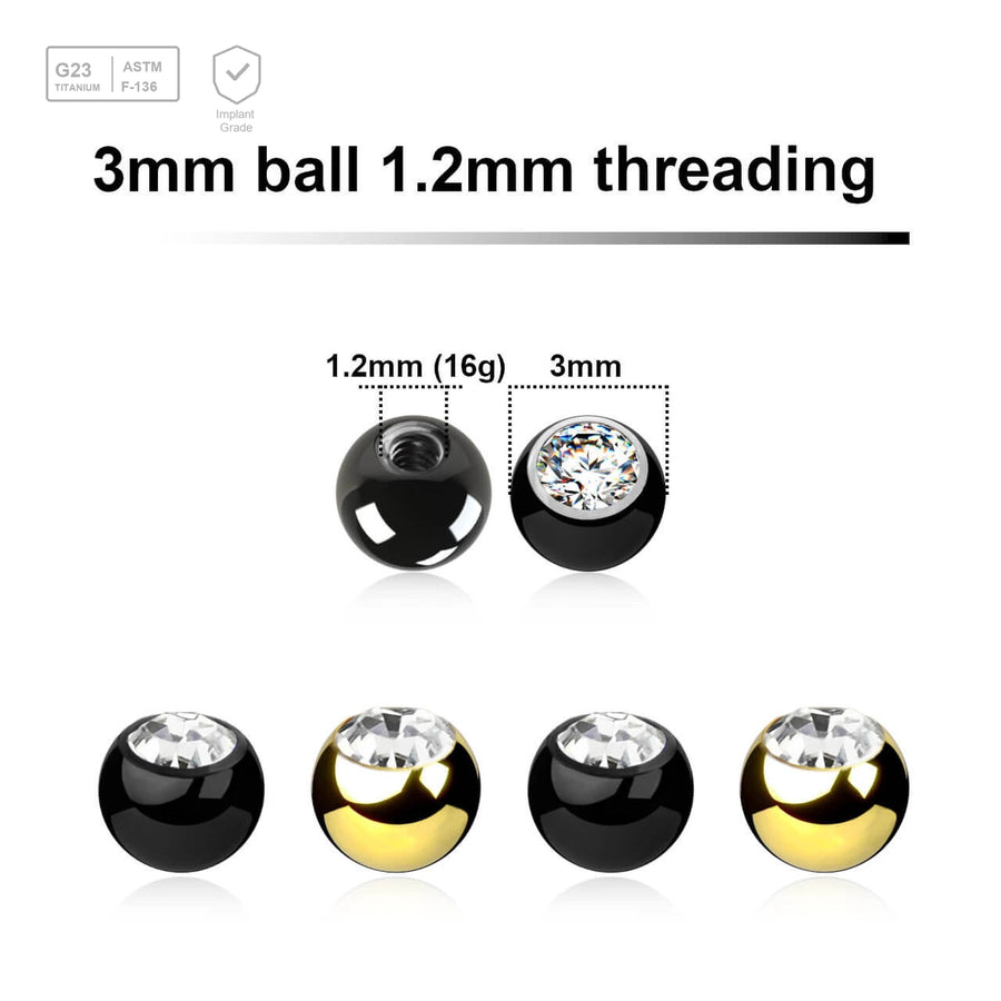 Pack of 10 PVD plated titanium G23 balls with a 3mm diameter and a bezel set crystal, 1.2mm external threading - G23 ASTM F-136 implant grade titanium body jewelry