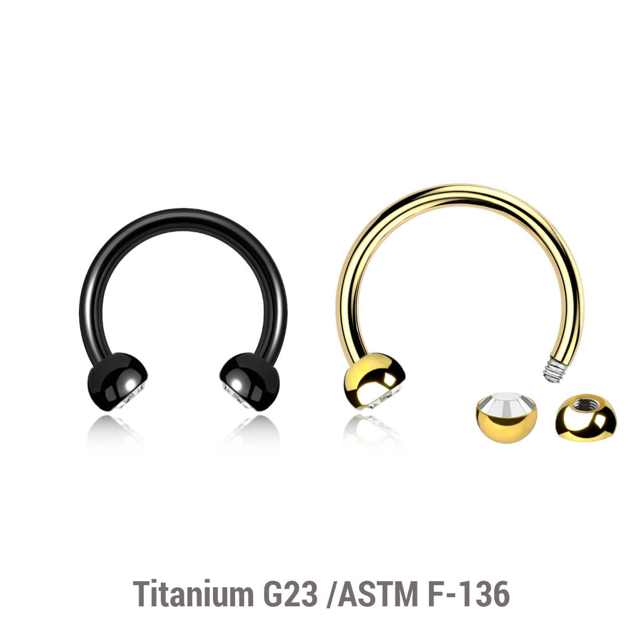 Pack of 5 Titanium circular barbells, Thickness 1.2mm, with two 3mm half balls with a bezel set crystal
