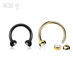 Pack of 5 Titanium circular barbells, Thickness 1.2mm, with two 3mm half balls with a bezel set crystal - G23 ASTM F-136 implant grade titanium body jewelry