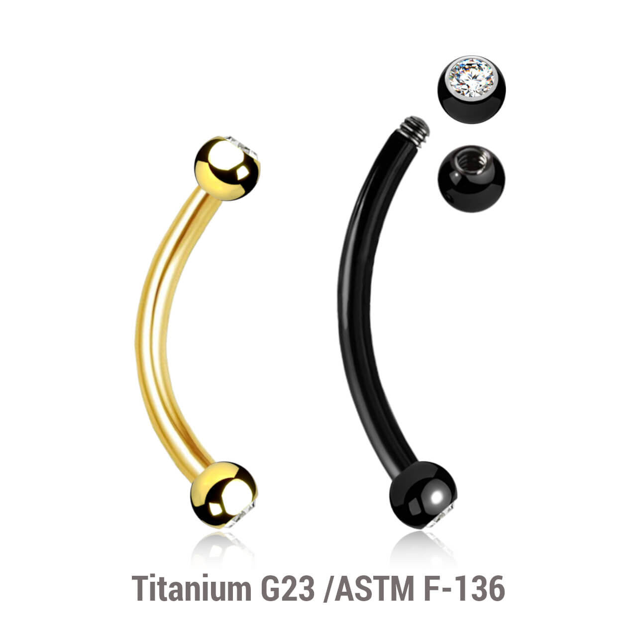 Pack of 5 Titanium eyebrow bananas, Thickness 1.2mm, with two 2.5mm bezel set crystal balls