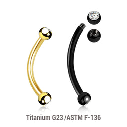 Pack of 5 Titanium eyebrow bananas, Thickness 1.2mm, with two 2.5mm bezel set crystal balls
