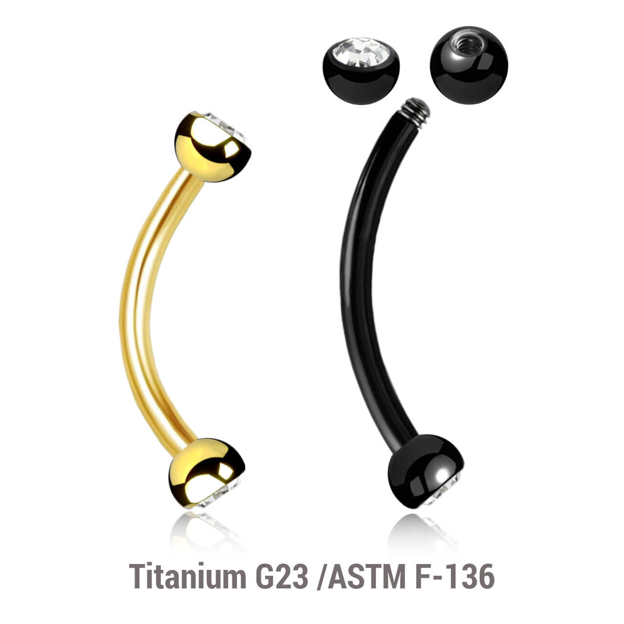 Pack of 5 Titanium eyebrow bananas, Thickness 1.2mm, with two 3mm half balls with a bezel set crystal
