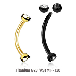 Pack of 5 Titanium eyebrow bananas, Thickness 1.2mm, with two 3mm half balls with a bezel set crystal