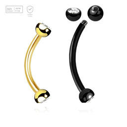 Pack of 5 Titanium eyebrow bananas, Thickness 1.2mm, with two 3mm half balls with a bezel set crystal - G23 ASTM F-136 implant grade titanium body jewelry