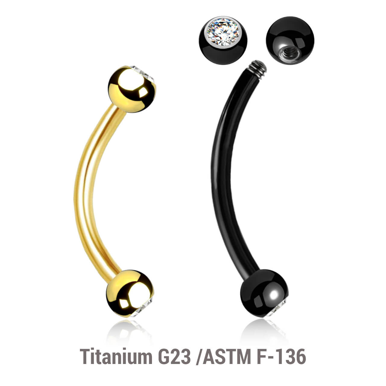 Pack of 5 Titanium eyebrow bananas, Thickness 1.2mm, with two 3mm bezel set crystal balls