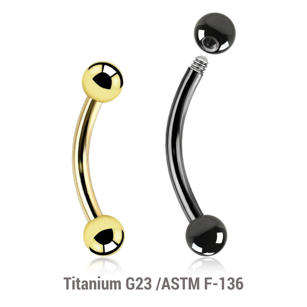 Pack of 10 PVD plated Titanium G23 eyebrow bananas, Thickness 1.2mm, Ball size 3mm