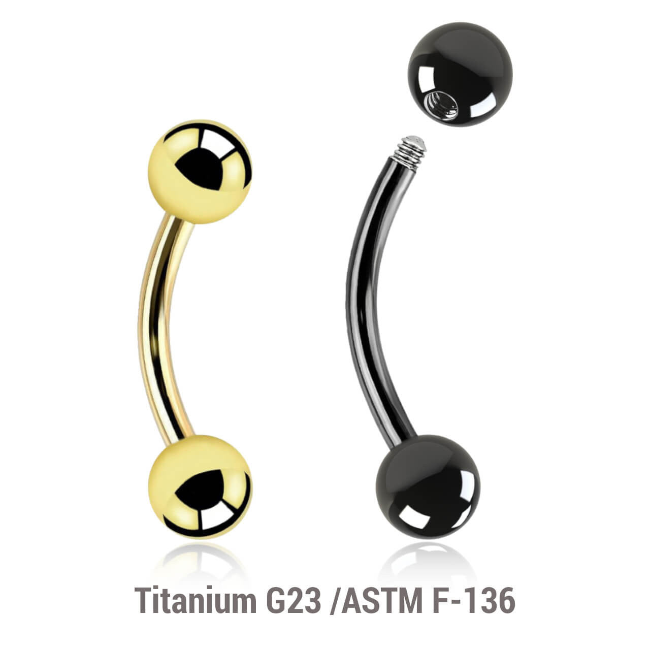 Pack of 10 PVD plated Titanium G23 eyebrow bananas, Thickness 1.2mm, Ball size 4mm