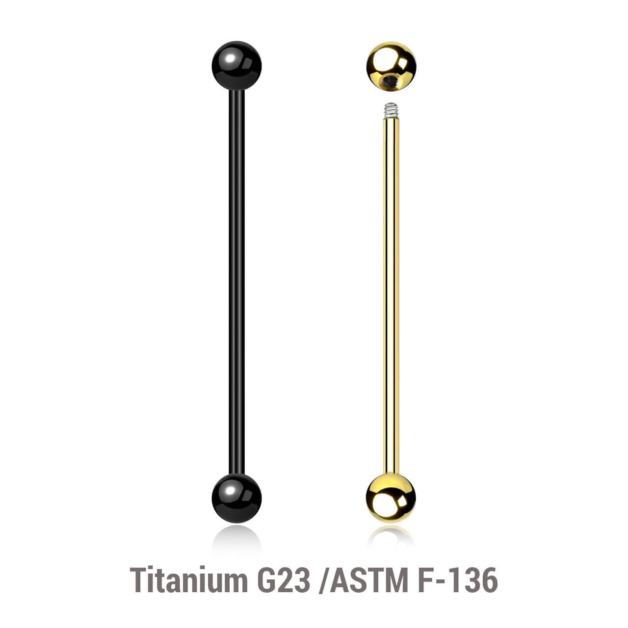 Pack of 10 PVD plated Titanium G23 industrial barbells, Thickness 1.6mm, Ball size 5mm