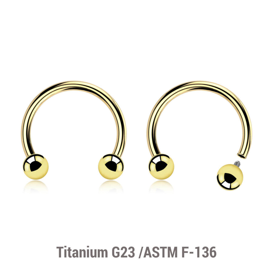 Pack of 5 PVD plated titanium internally threaded circular barbells, Thickness 1.2mm, Ball size 3mm