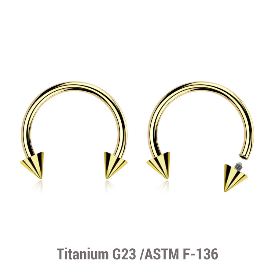 Pack of 5 PVD plated titanium internally threaded circular barbells, Thickness 1.2mm, Cone size 3mm