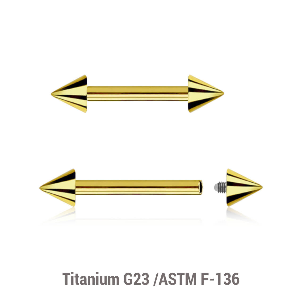 Pack of 5 PVD plated titanium internally threaded eyebrow or helix barbells, Thickness 1.2mm, Cone size 3mm