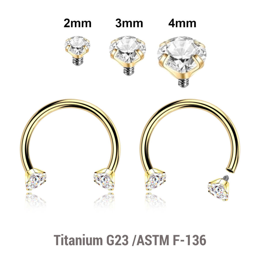 Pack of 5 PVD plated titanium internally threaded circular barbells, Thickness 1.2mm, with prong set CZ stones