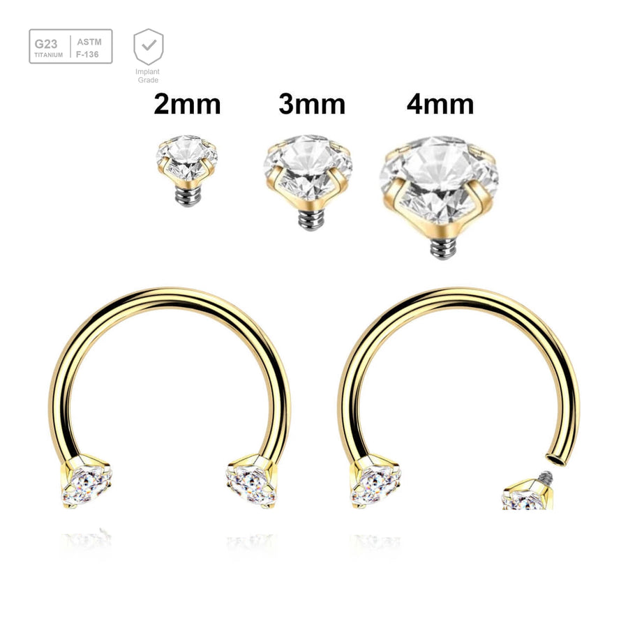Pack of 5 PVD plated titanium internally threaded circular barbells, Thickness 1.2mm, with prong set CZ stones - G23 ASTM F-136 implant grade titanium body jewelry