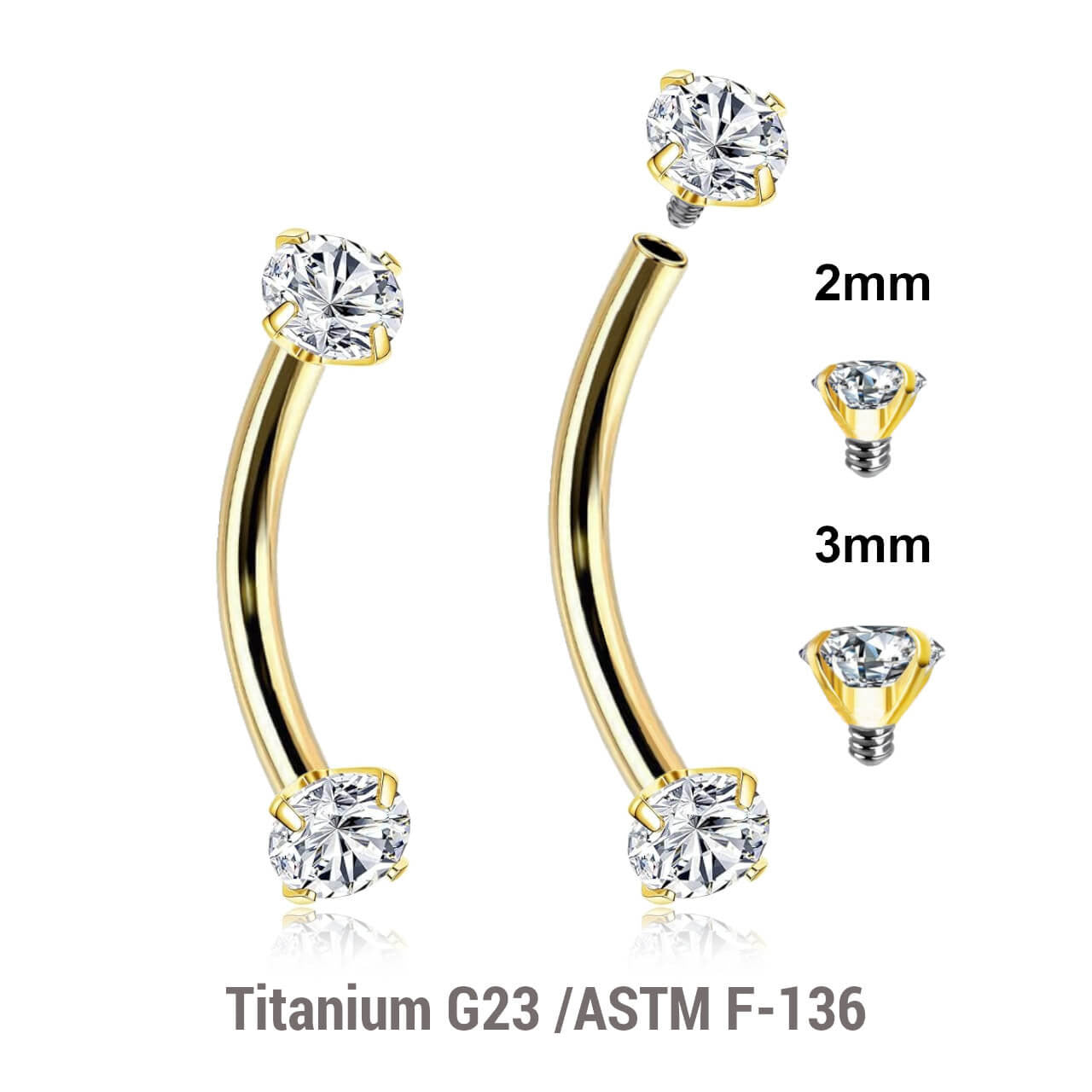 Pack of 5 Gold PVD plated titanium internally threaded eyebrow bananas, Thickness 1.2mm, with prong set CZ stones