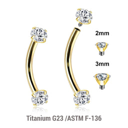 Pack of 5 Gold PVD plated titanium internally threaded eyebrow bananas, Thickness 1.2mm, with prong set CZ stones