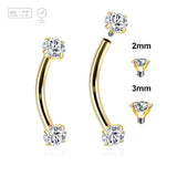 Pack of 5 Gold PVD plated titanium internally threaded eyebrow bananas, Thickness 1.2mm, with prong set CZ stones - G23 ASTM F-136 implant grade titanium body jewelry