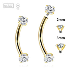 Pack of 5 Gold PVD plated titanium internally threaded eyebrow bananas, Thickness 1.2mm, with prong set CZ stones - G23 ASTM F-136 implant grade titanium body jewelry