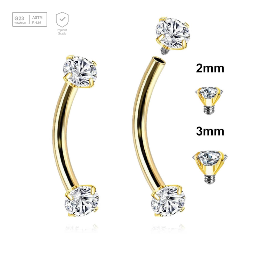Pack of 5 Gold PVD plated titanium internally threaded eyebrow bananas, Thickness 1.2mm, with prong set CZ stones - G23 ASTM F-136 implant grade titanium body jewelry