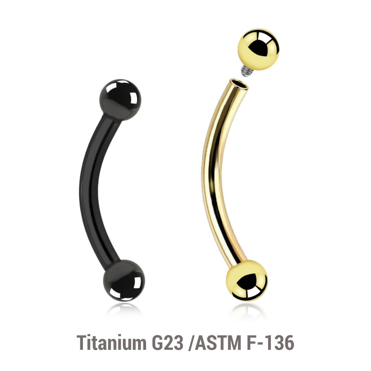 Pack of 5 PVD plated titanium internally threaded eyebrow bananas, Thickness 1.2mm, Ball size 2.5mm