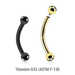 Pack of 5 PVD plated titanium internally threaded eyebrow bananas, Thickness 1.2mm, Ball size 2.5mm