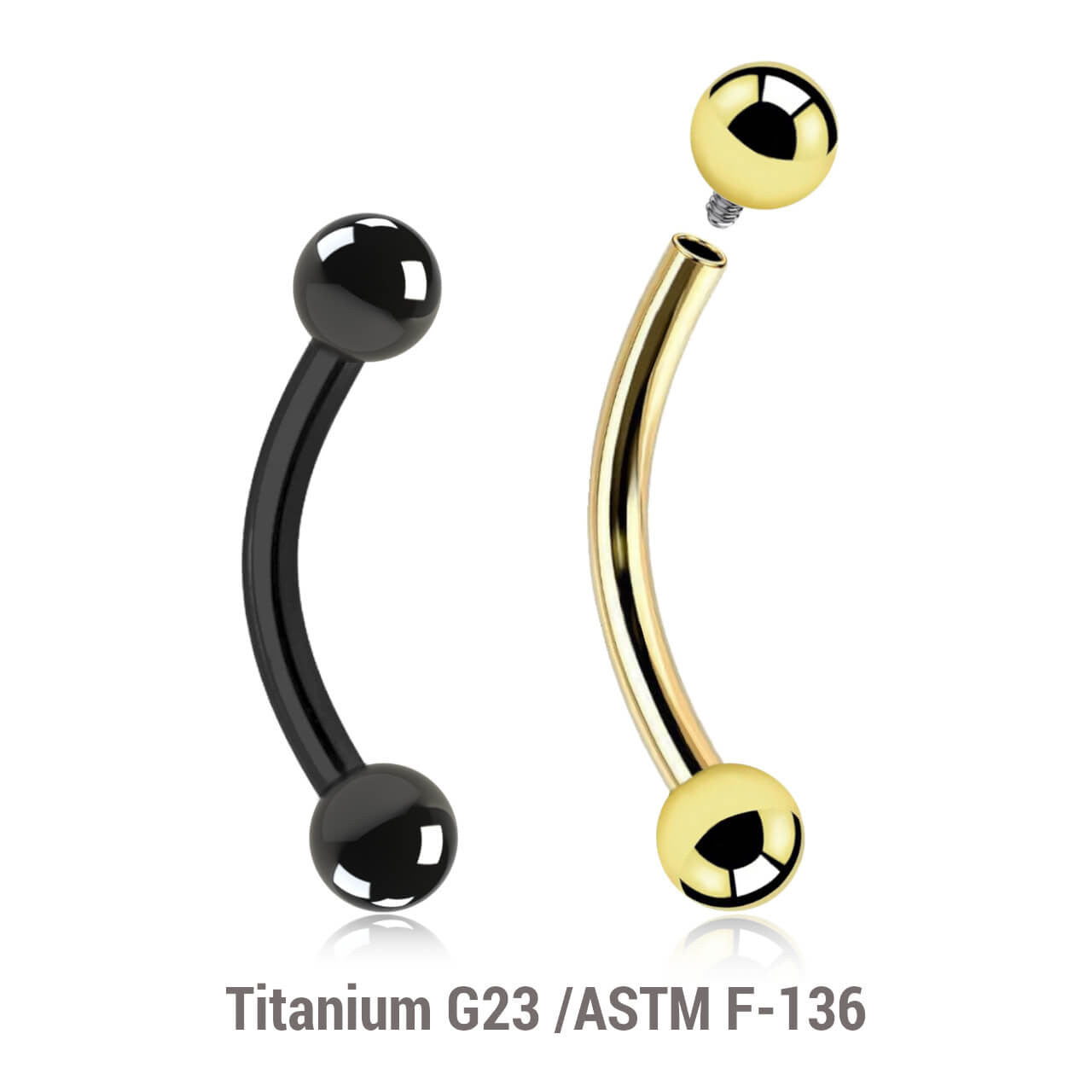 Pack of 5 PVD plated titanium internally threaded eyebrow bananas, Thickness 1.2mm, Ball size 3mm