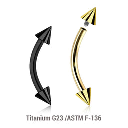 Pack of 5 PVD plated titanium internally threaded eyebrow bananas, Thickness 1.2mm, Cone size 3mm