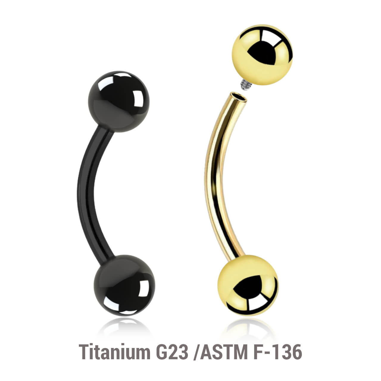 Pack of 5 PVD plated titanium internally threaded eyebrow bananas, Thickness 1.2mm, Ball size 4mm