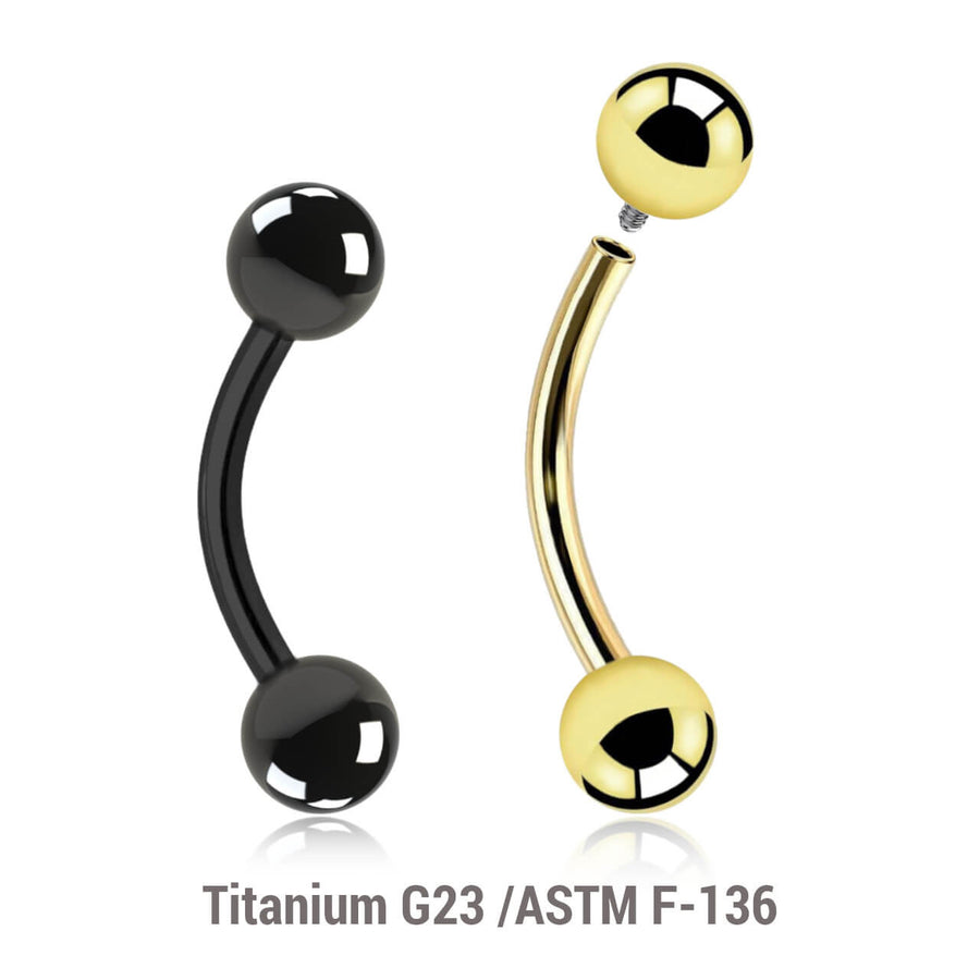 Pack of 5 PVD plated titanium internally threaded eyebrow bananas, Thickness 1.2mm, Ball size 4mm