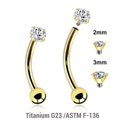 Pack of 5 Gold PVD plated titanium internally threaded eyebrow bananas, Thickness 1.2mm, with a top prong set CZ stone and a lower 3mm plain ball