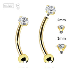 Pack of 5 Gold PVD plated titanium internally threaded eyebrow bananas, Thickness 1.2mm, with a top prong set CZ stone and a lower 3mm plain ball - G23 ASTM F-136 implant grade titanium body jewelry