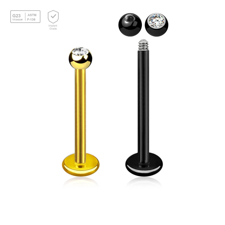 Pack of 5 Titanium labrets, Thickness 1.2mm, with 2.5mm bezel set crystal ball - G23 ASTM F-136 implant grade titanium body jewelry