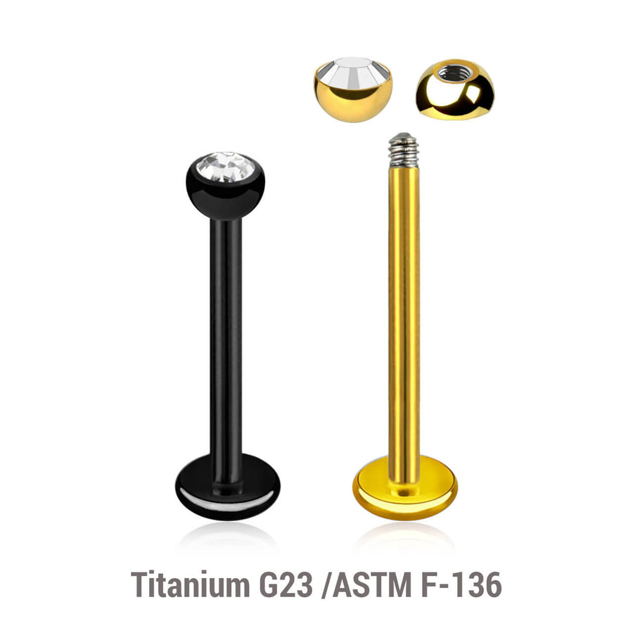 Pack of 5 Titanium tragus barbells, Thickness 1.2mm, with a top 3mm half ball with a bezel set crystal and a lower 3mm plain ball