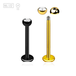 Pack of 5 PVD plated titanium labrets, Thickness 1.2mm, with a top 3mm half ball with a bezel set crystal - G23 ASTM F-136 implant grade titanium body jewelry