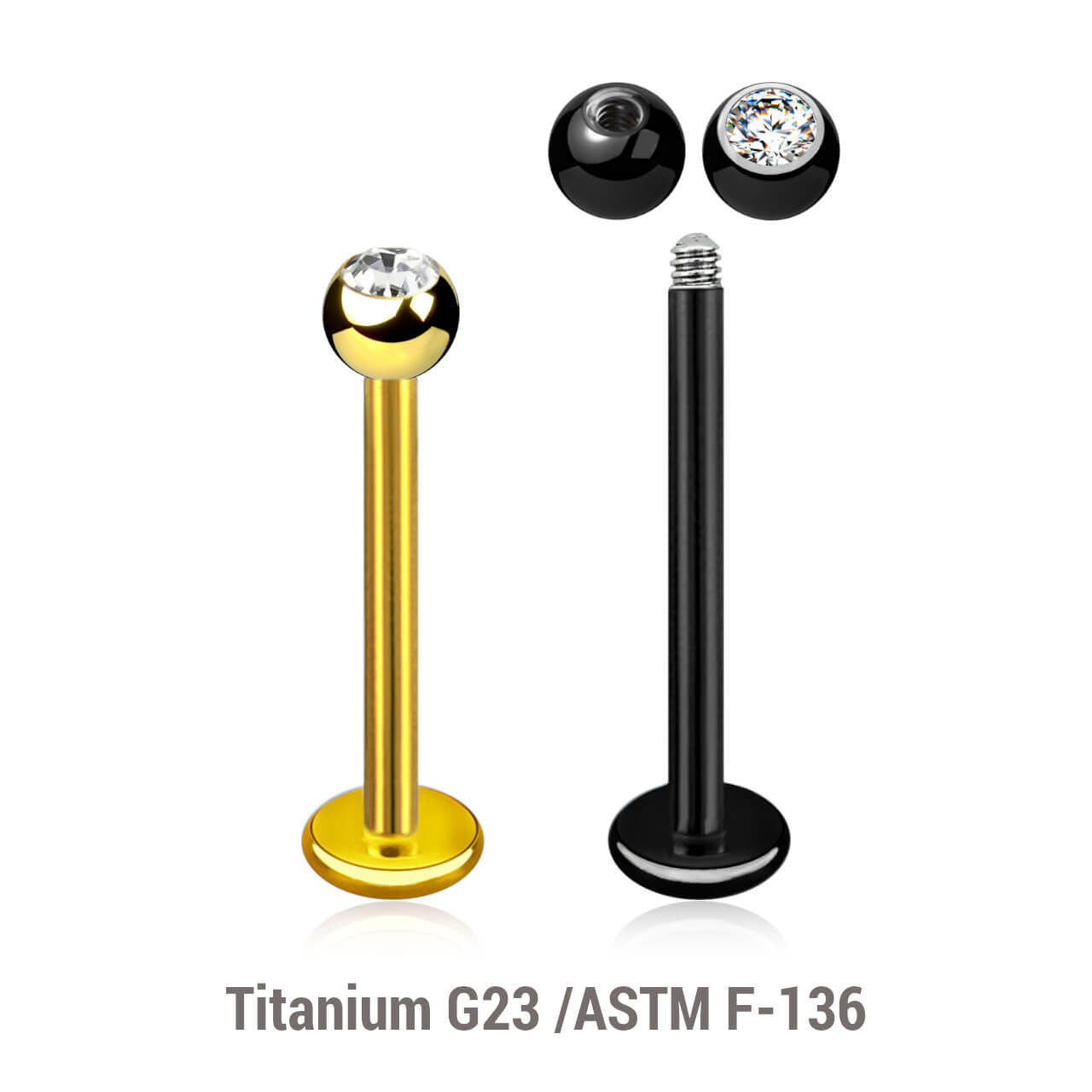 Pack of 5 PVD plated titanium labrets, Thickness 1.2mm, with 3mm bezel set crystal ball