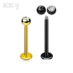 Pack of 5 PVD plated titanium labrets, Thickness 1.2mm, with 3mm bezel set crystal ball - G23 ASTM F-136 implant grade titanium body jewelry