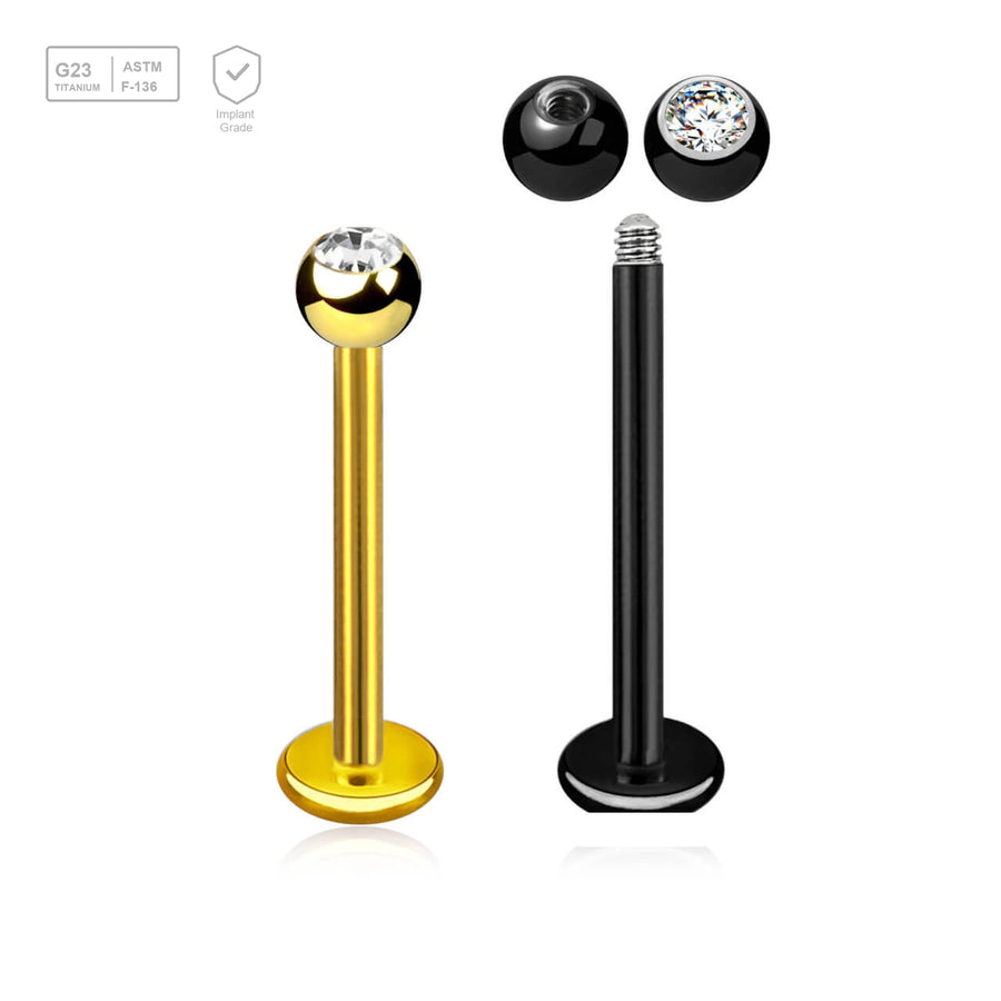 Pack of 5 PVD plated titanium labrets, Thickness 1.2mm, with 3mm bezel set crystal ball - G23 ASTM F-136 implant grade titanium body jewelry