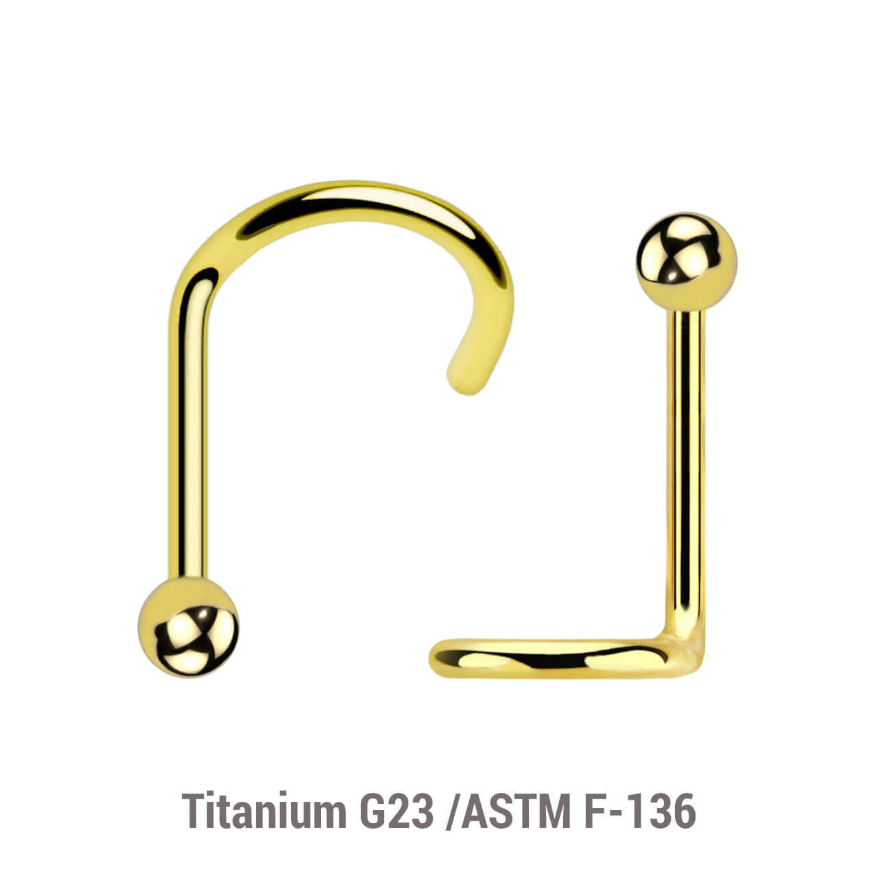 Pack of 10 PVD plated Titanium G23 nose screws with 2mm ball-shaped top, thickness 0.8mm