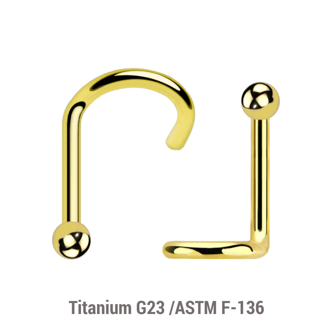 Pack of 10 PVD plated Titanium G23 nose screws with 2mm ball-shaped top, thickness 1mm