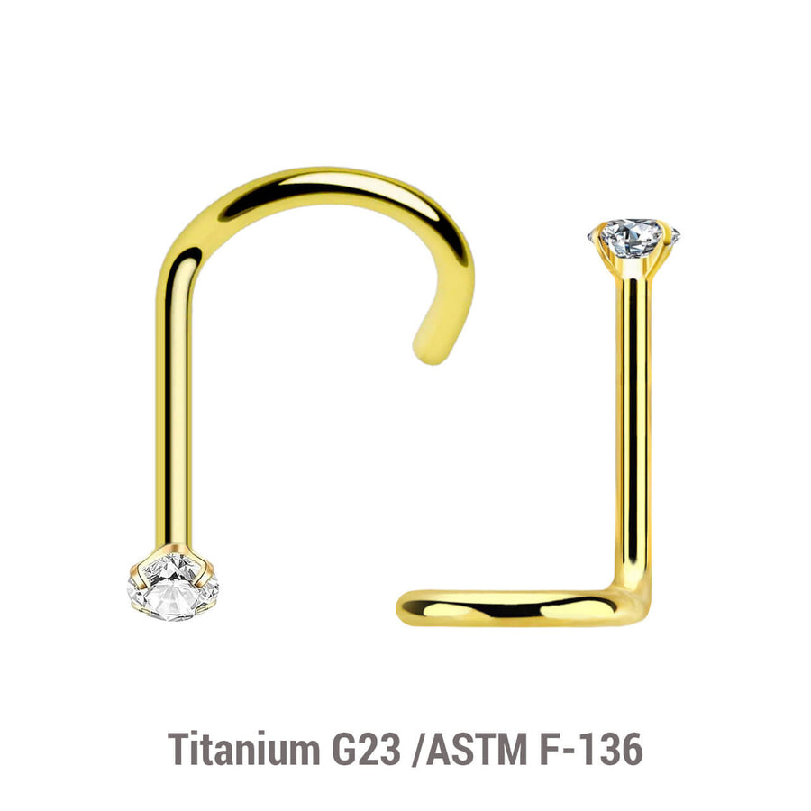 Pack of 10 PVD plated Titanium G23 nose screws with 2mm prong set CZ stone, thickness 0.8mm