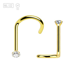 Pack of 10 PVD plated Titanium G23 nose screws with 2mm prong set CZ stone, thickness 0.8mm - G23 ASTM F-136 implant grade titanium body jewelry