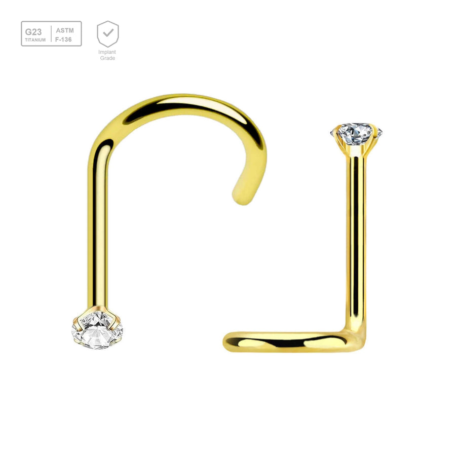 Pack of 10 PVD plated Titanium G23 nose screws with 2mm prong set CZ stone, thickness 0.8mm - G23 ASTM F-136 implant grade titanium body jewelry