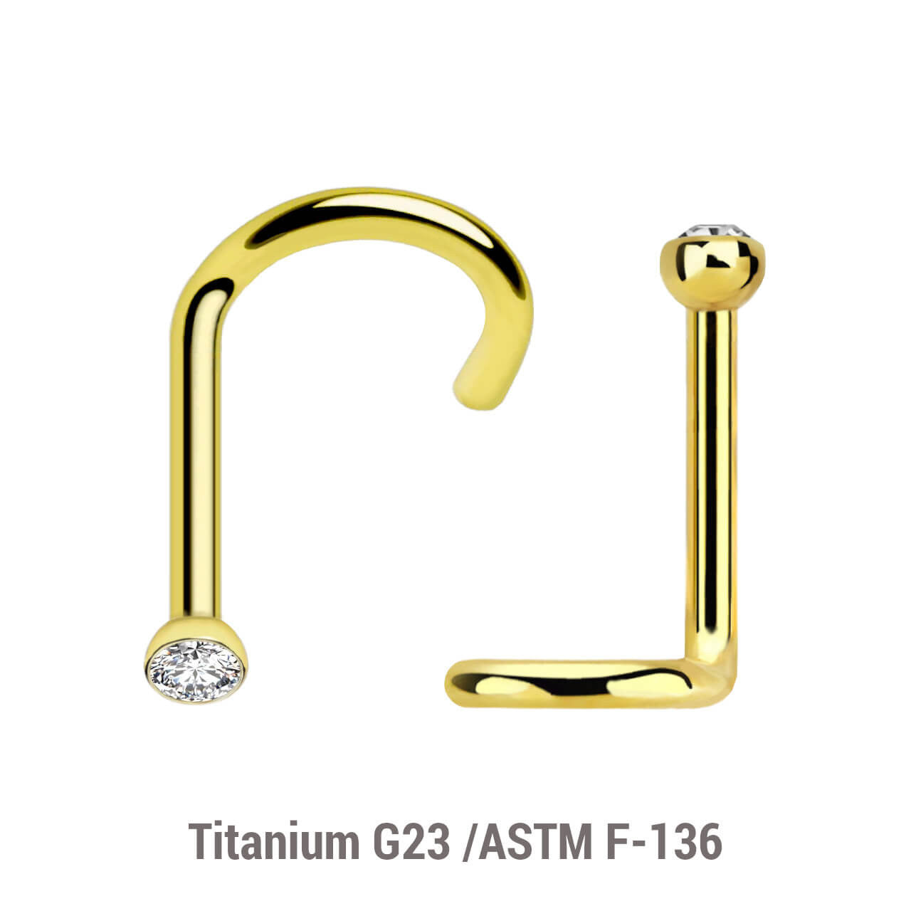 Pack of 10 PVD plated Titanium G23 nose screws with 2mm rounded top with bezel set crystal, thickness 1mm